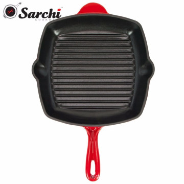 Outer Red Inner Black Cast Iron Grill With Assitant Handle